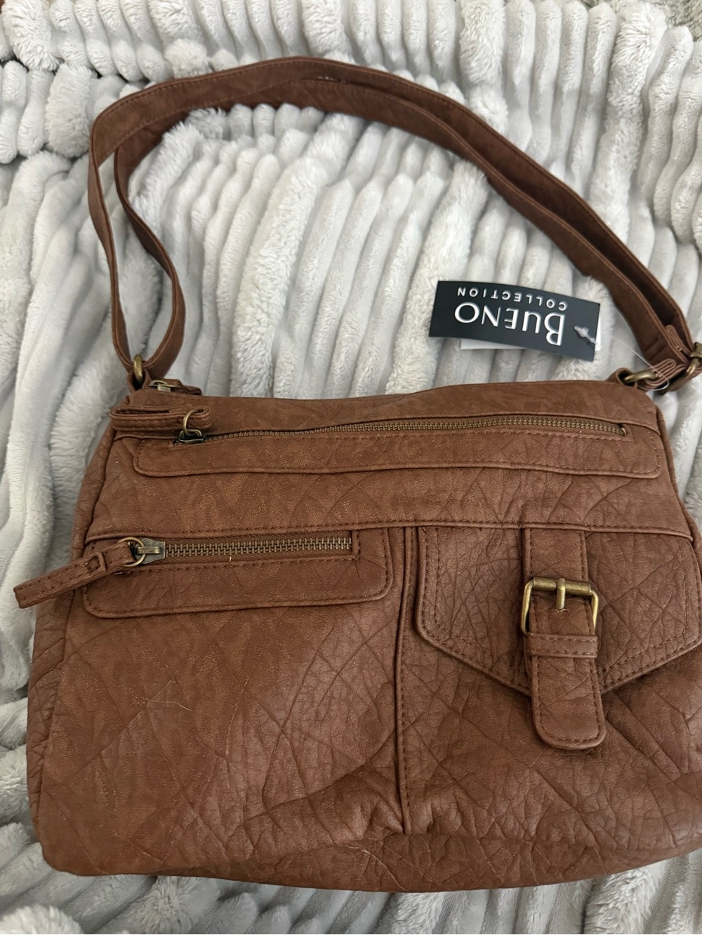 Bueno Brown Quilted Crossbody Bag with Buckle Detail